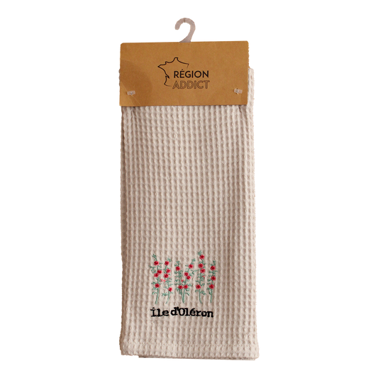 TORCHON NID D'ABEILLE ROSE TREMIERES OLERON CREME