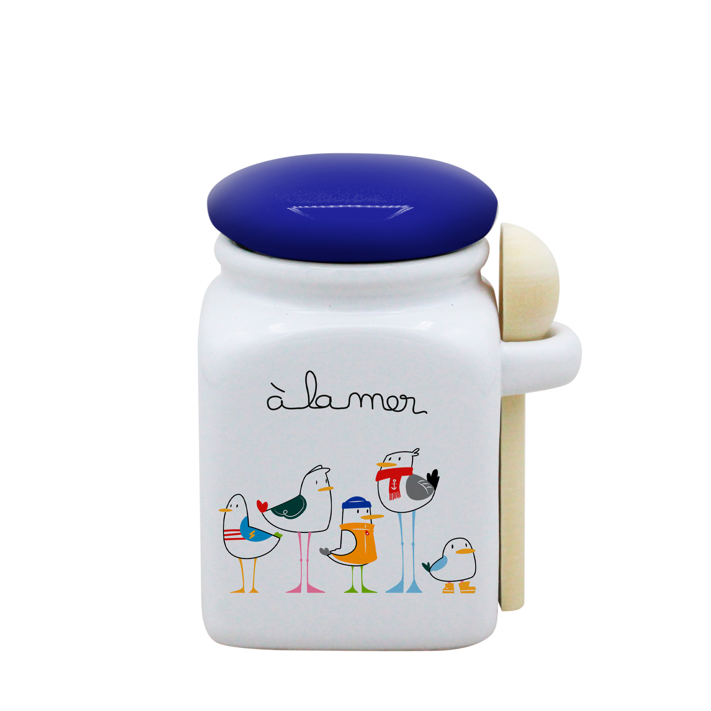 POT BLANC PM COUV. BLEU+CUIL. BOIS-A LA MER MOUETTES