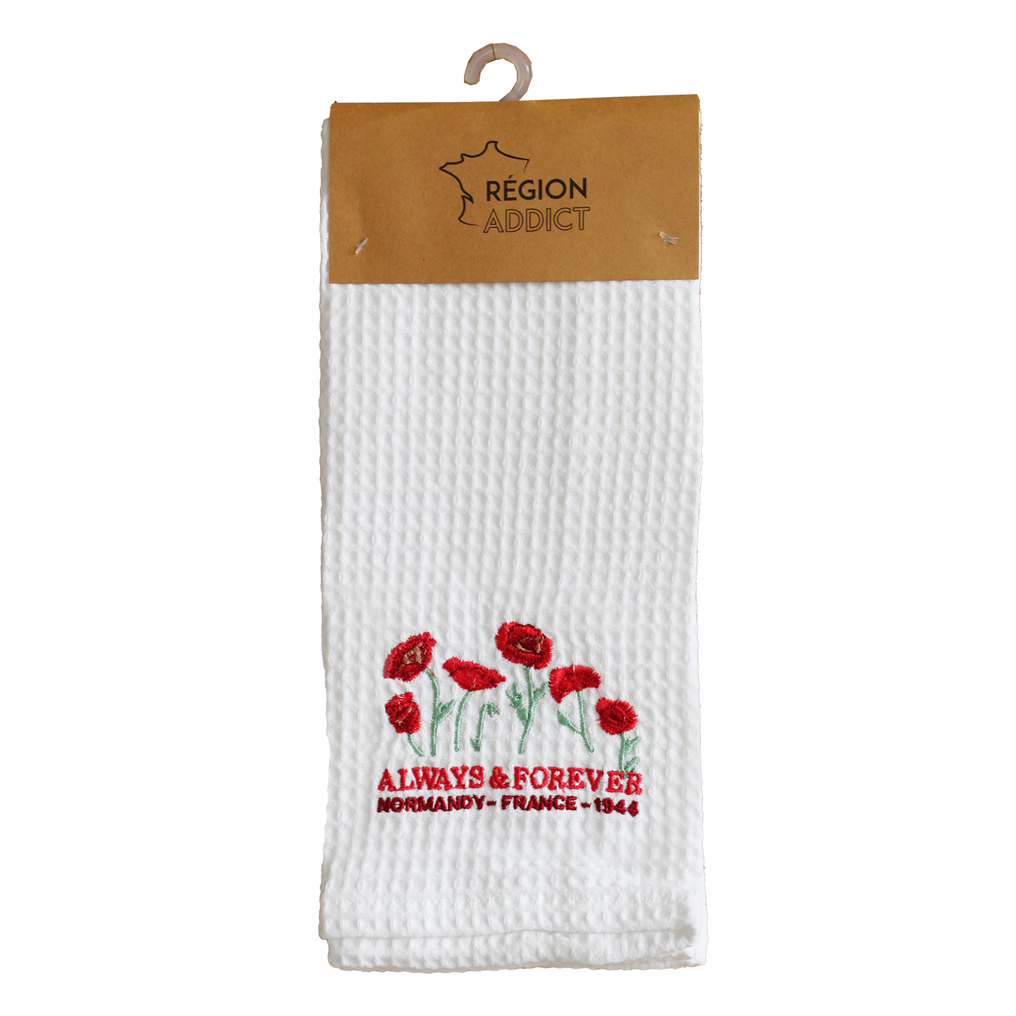 TORCHON NID D'ABEILLE COQUELICOTS BLANC