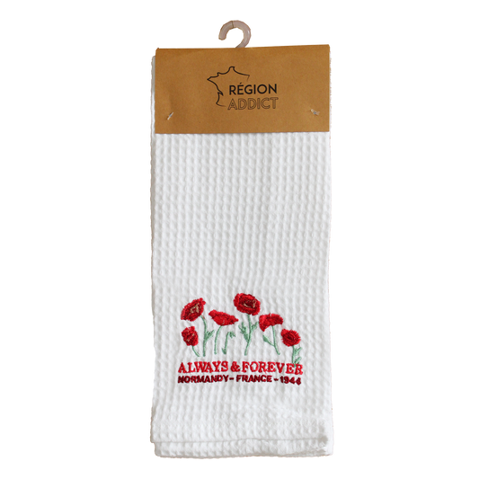 TORCHON NID D'ABEILLE COQUELICOTS BLANC