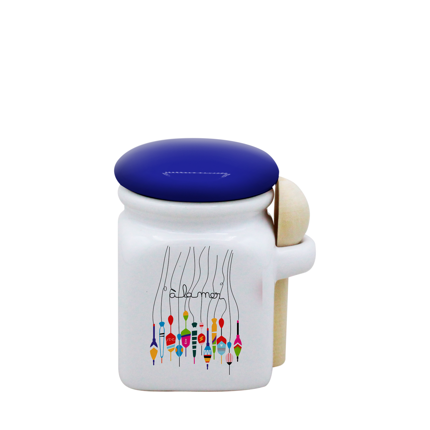 POT BLANC MINI COUV. BLEU+CUIL. BOIS - A LA MER BOUCHON