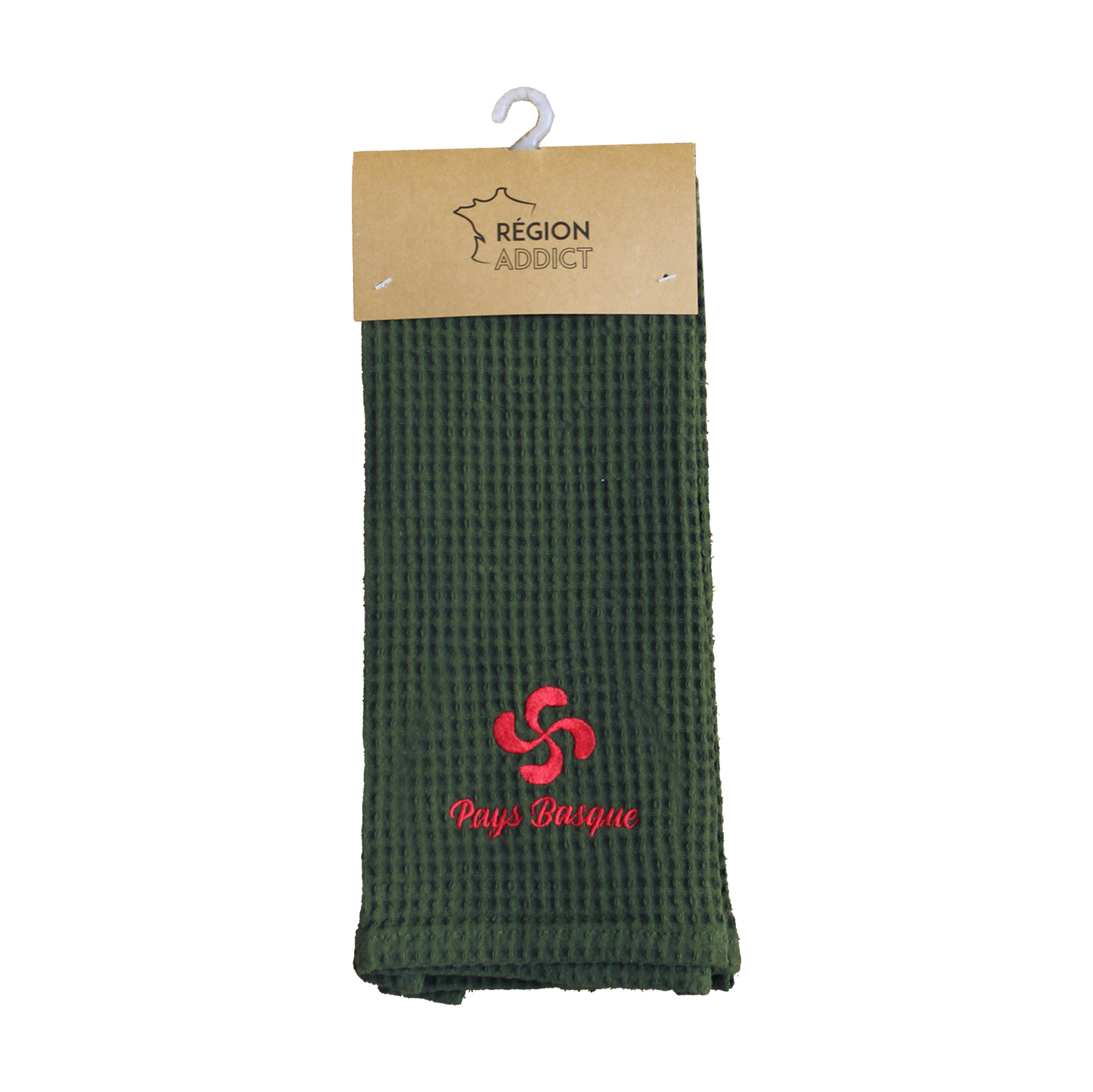 TORCHON NID D'ABEILLE CROIX BASQUE KAKI