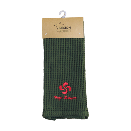 TORCHON NID D'ABEILLE CROIX BASQUE KAKI