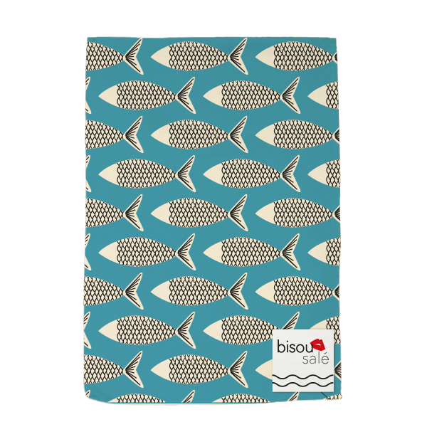 TORCHON BISOUS SALÉ MOTIF POISSON BLEU CLAIR