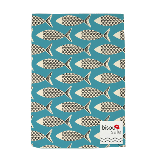 TORCHON BISOUS SALÉ MOTIF POISSON BLEU CLAIR