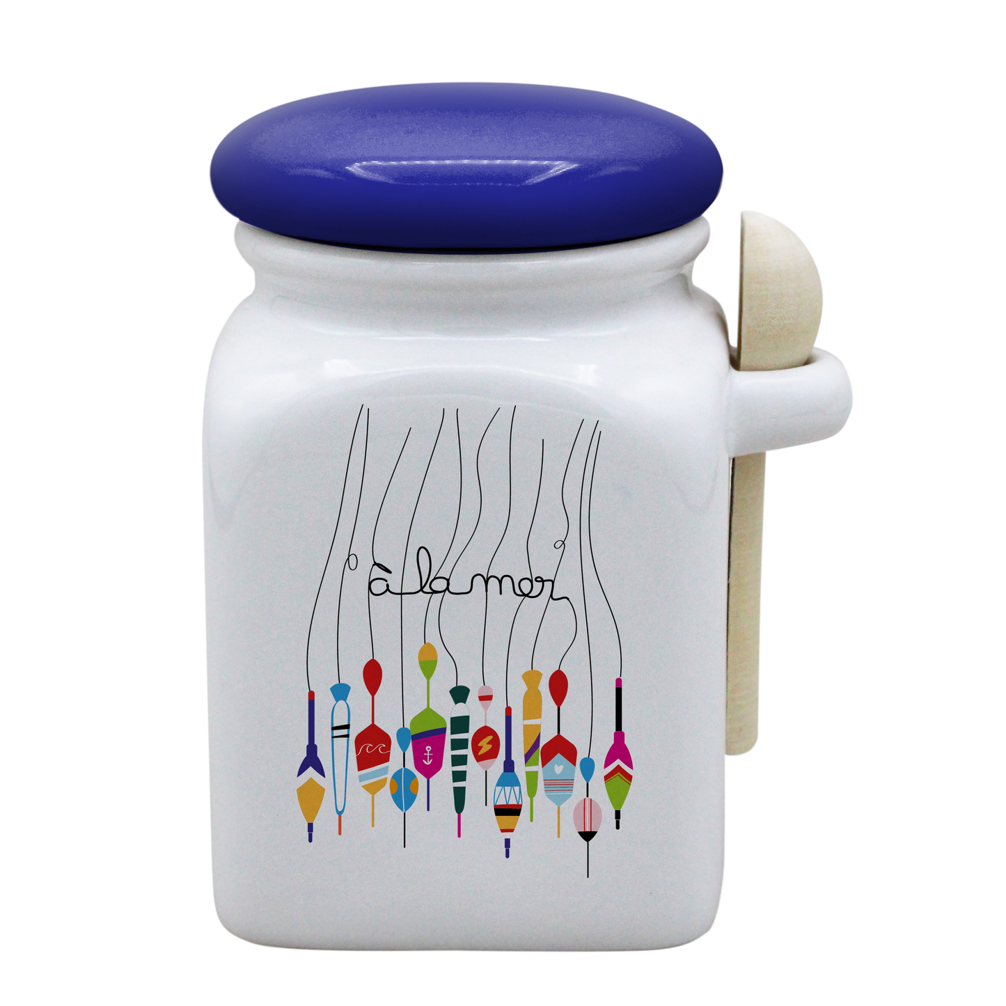 POT BLANC MM COUV. BLEU +CUIL. BOIS - A LA MER BOUCHON