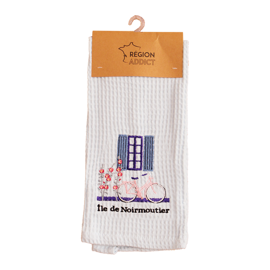 TORCHON NID D'ABEILLE ROSE TREMIERES VELO NOIRMOUTIER BLANC
