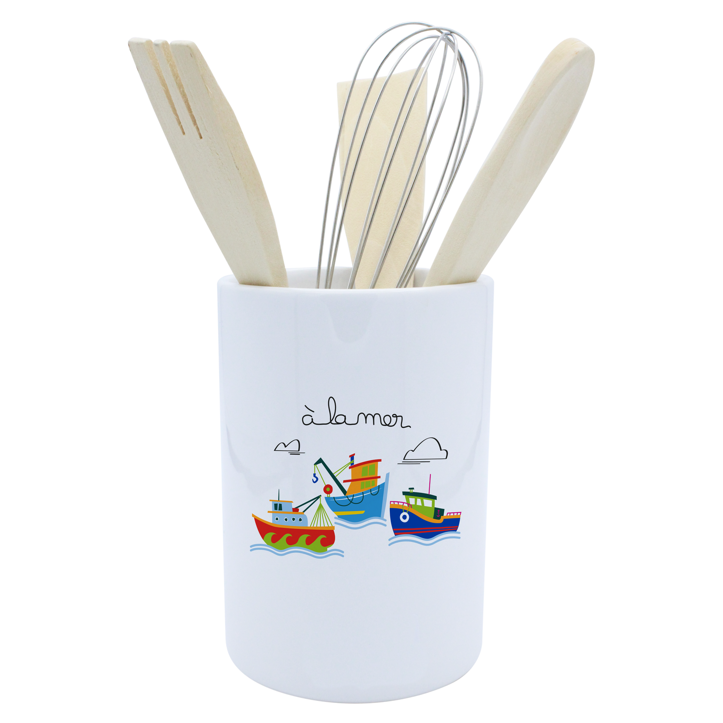 POT A USTENSILES BLANC-A LA MER BATEAUX