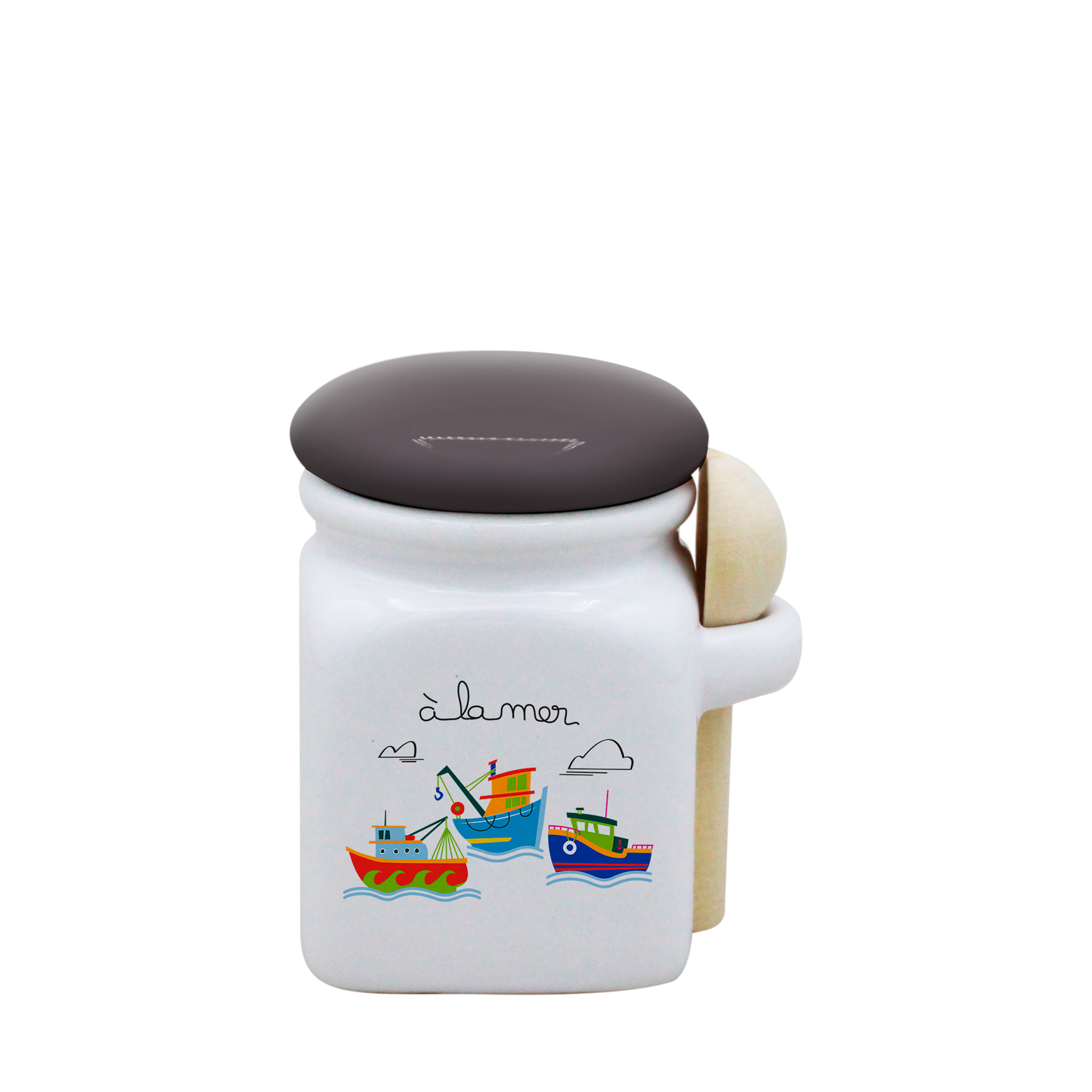 POT BLANC MINI COUV. GRIS+CUIL. BOIS-A LA MER BATEAUX