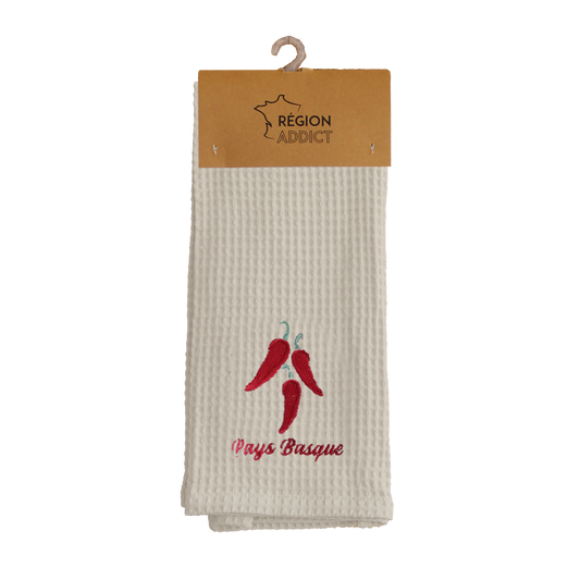 TORCHON NID D'ABEILLE PAYS BASQUE PIMENTS CREME