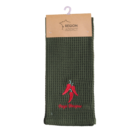 TORCHON NID D'ABEILLE PAYS BASQUE PIMENTS KAKI