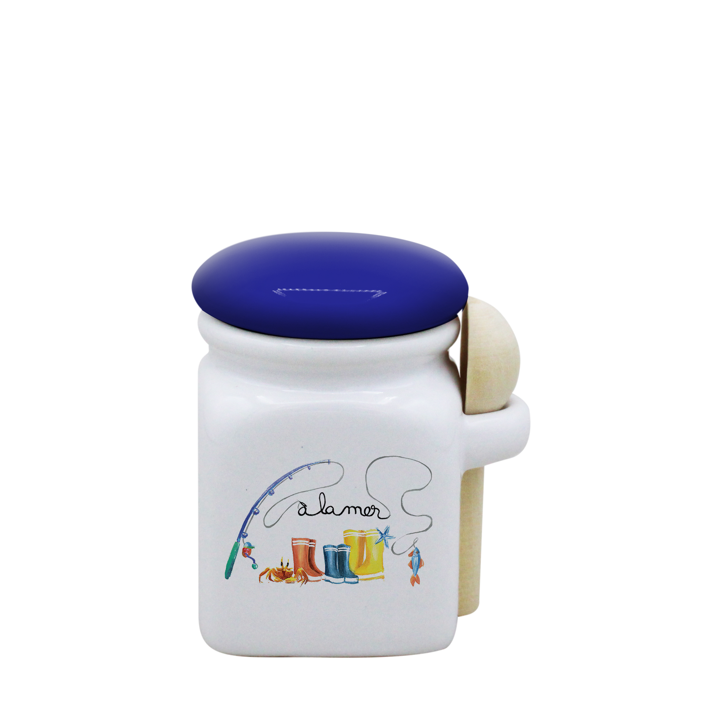 POT BLANC MINI COUV. BLEU+CUIL. BOIS-BOTTE A LA MER