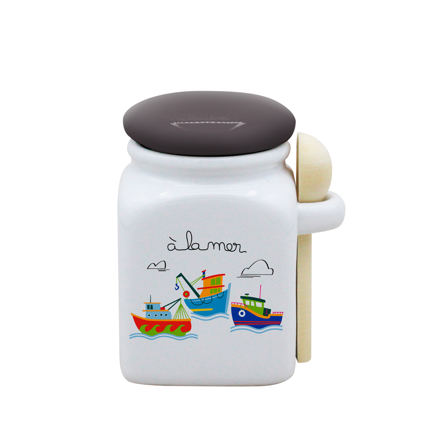 POT BLANC PM COUV. GRIS+CUIL. BOIS-A LA MER BATEAUX