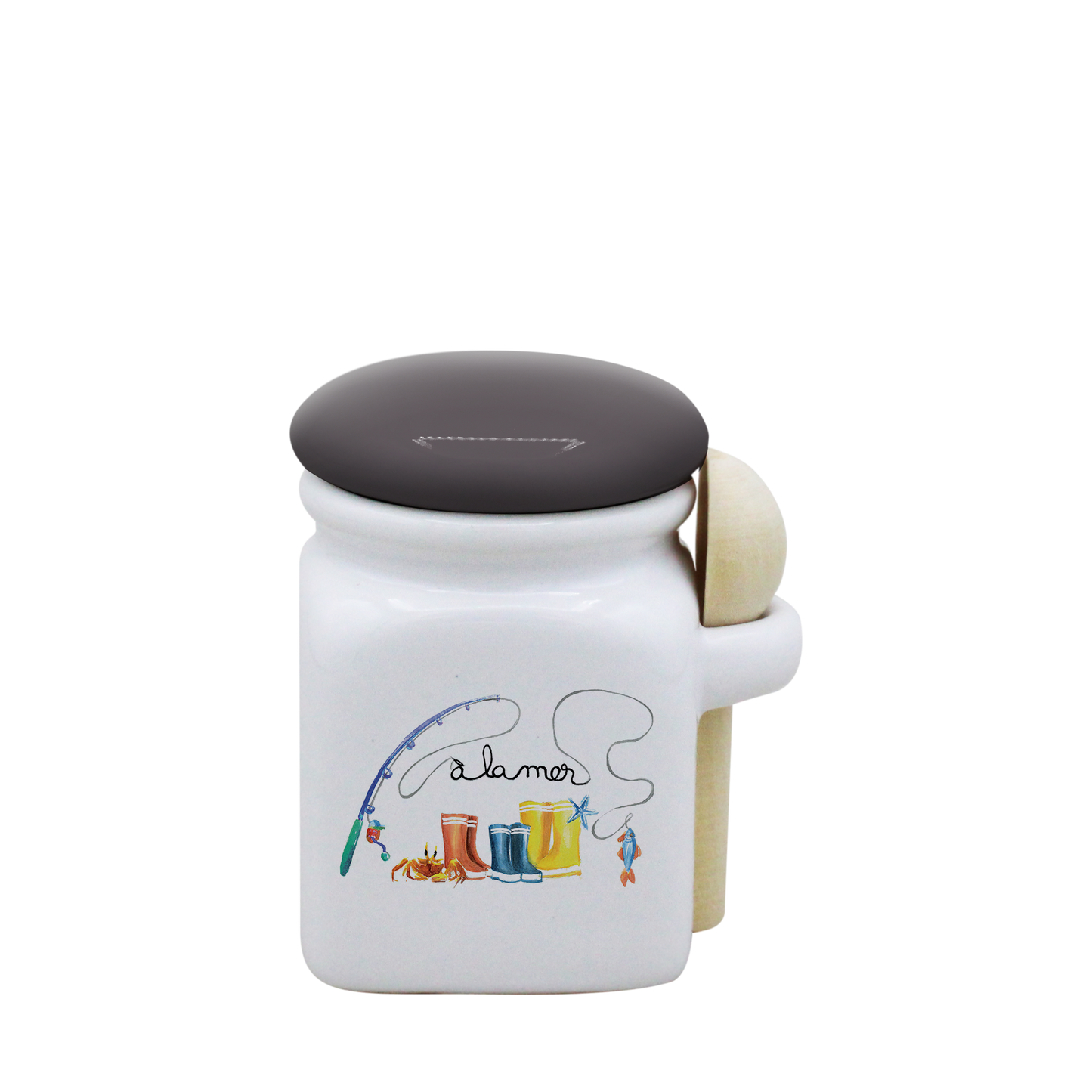 POT BLANC MINI COUV. GRIS+CUIL. BOIS-BOTTE A LA MER