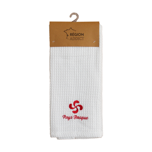 TORCHON NID D'ABEILLE CROIX BASQUE BLANC