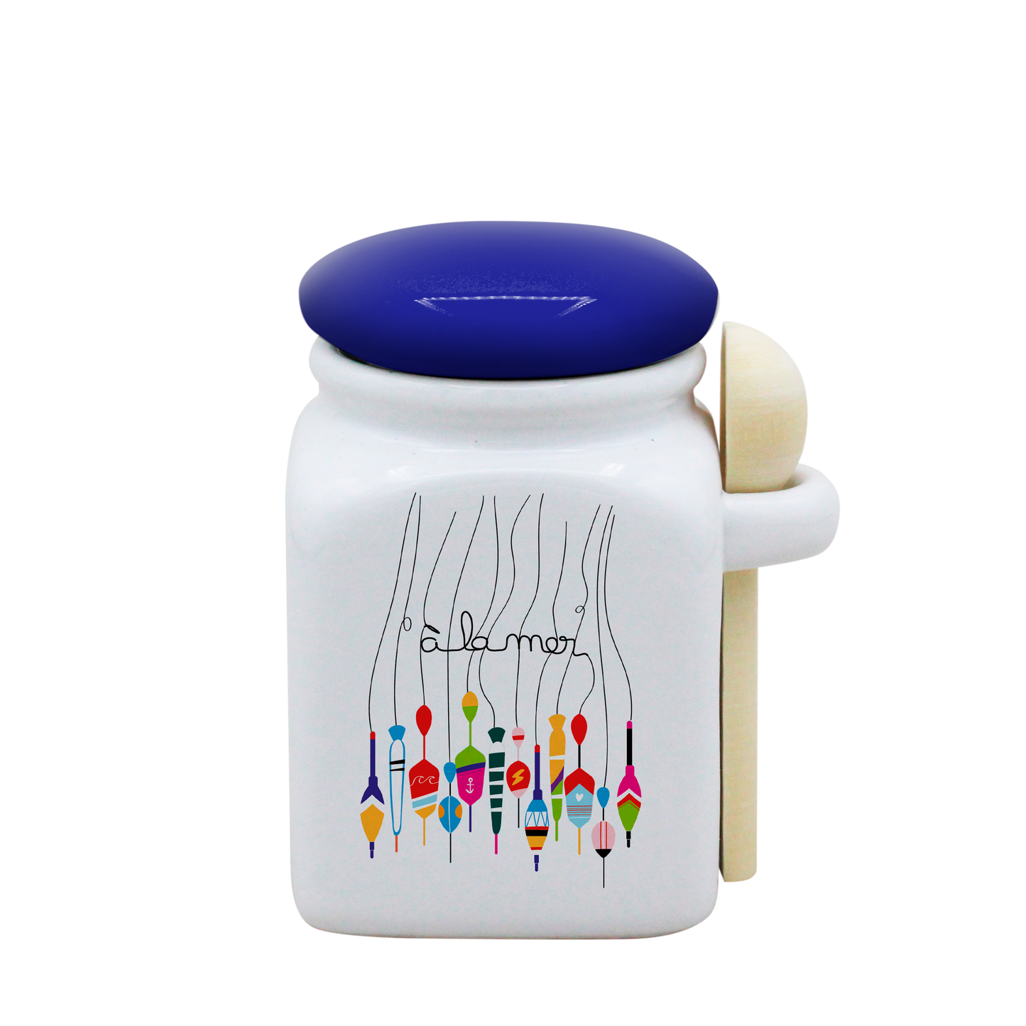 POT BLANC PM COUV. BLEU+CUIL. BOIS - A LA MER BOUCHON