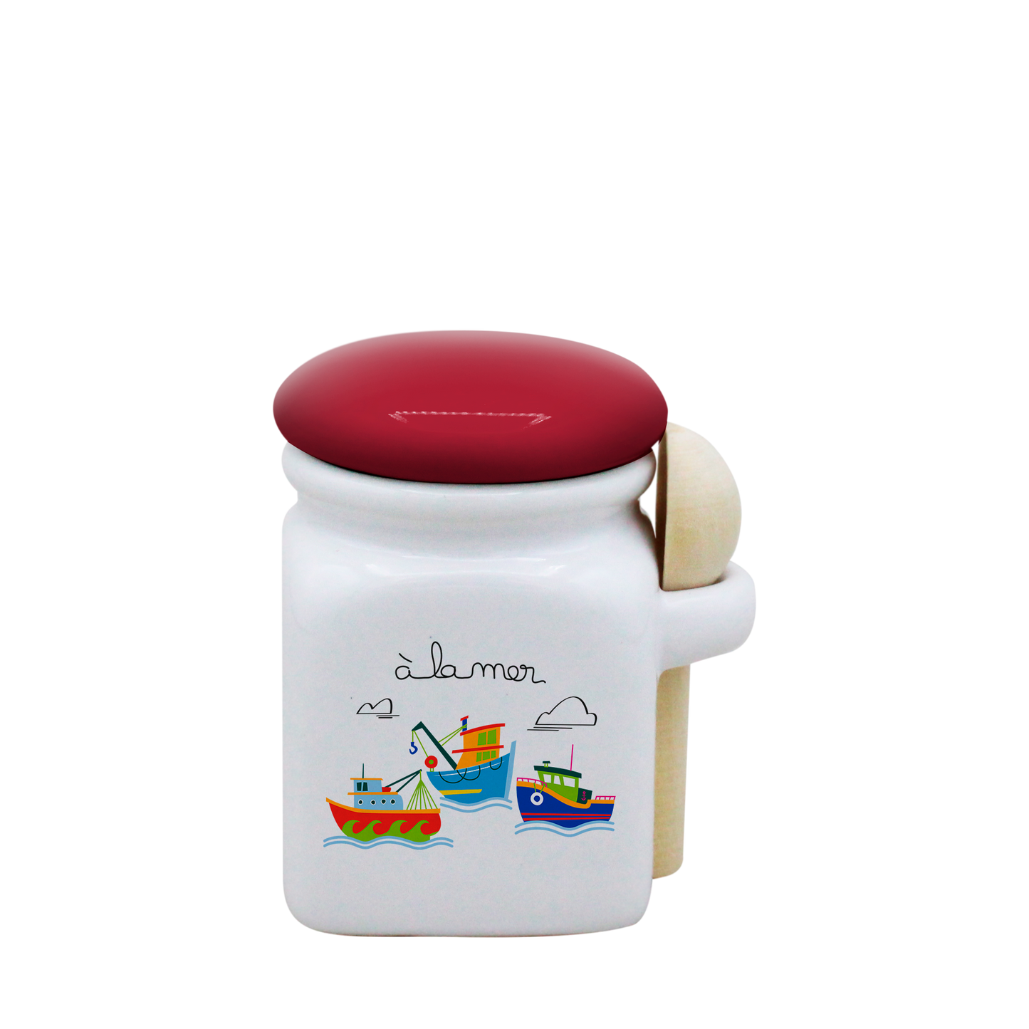 POT BLANC MINI COUV. ROUGE+CUIL. BOIS -A LA MER BATEAUX