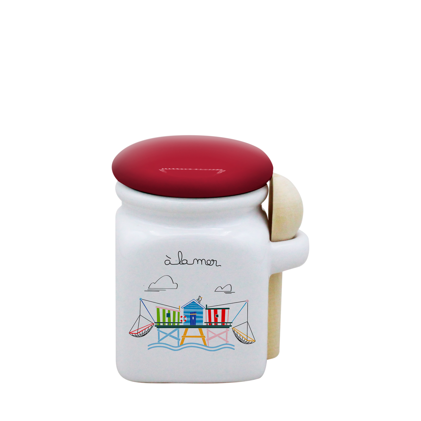 POT BLANC MINI COUV. ROUGE+CUIL. BOIS -A LA MER CARRELET