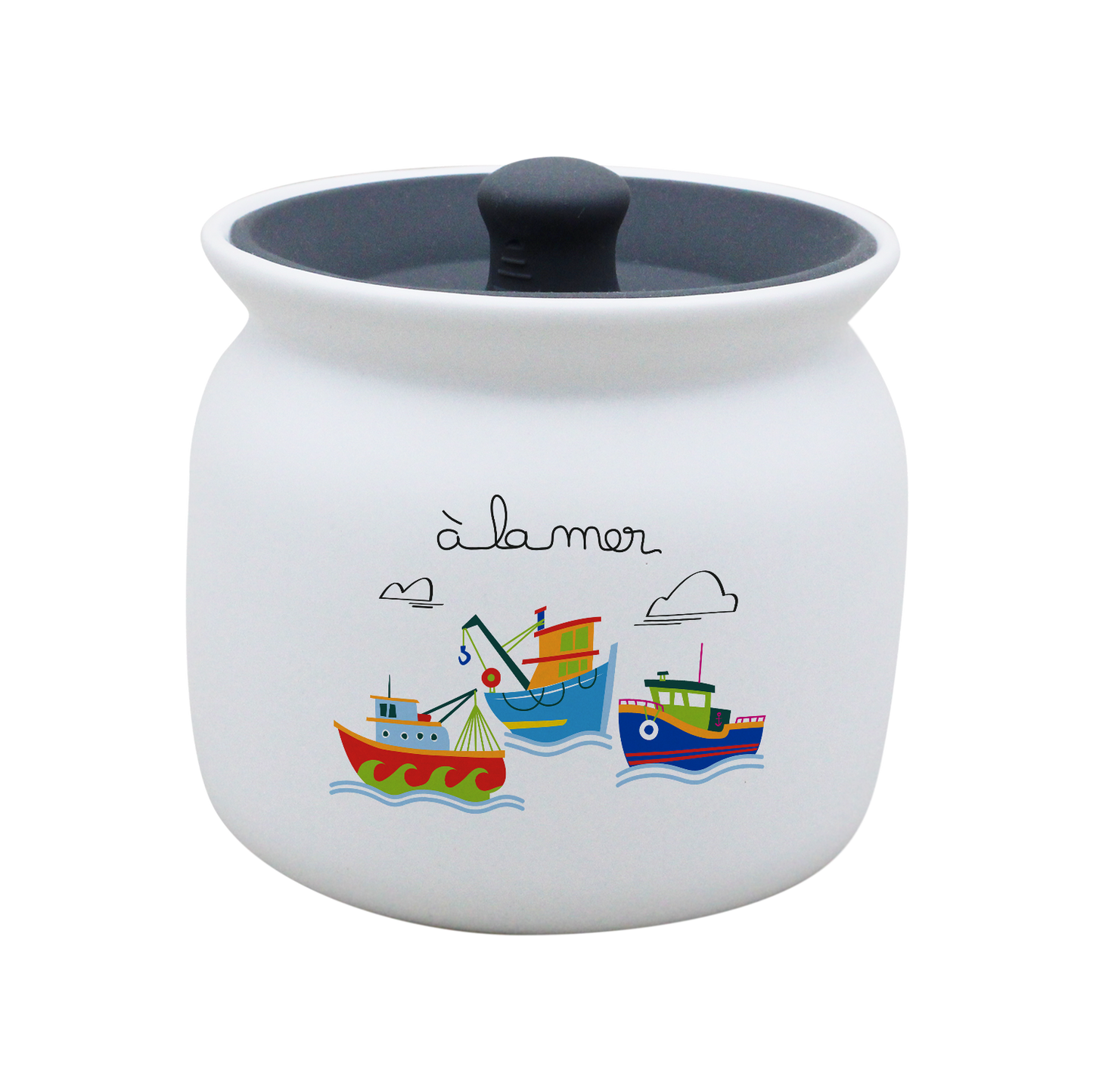 POT BLANC GM COUV. SILICONE GRIS -A LA MER BATEAUX
