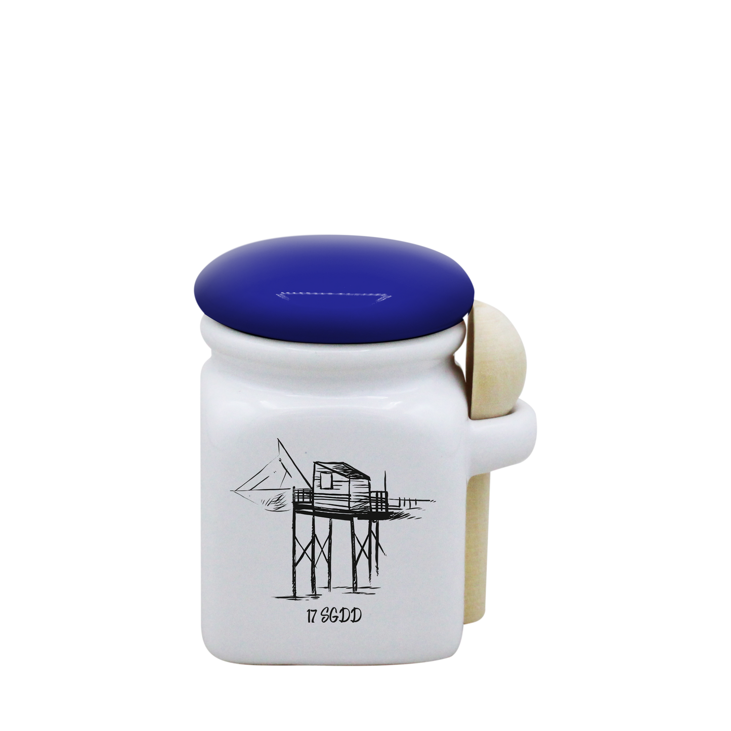 POT BLANC MINI COUV. BLEU+CUIL. BOIS - CARRELET NOIR SPE BO ET BON