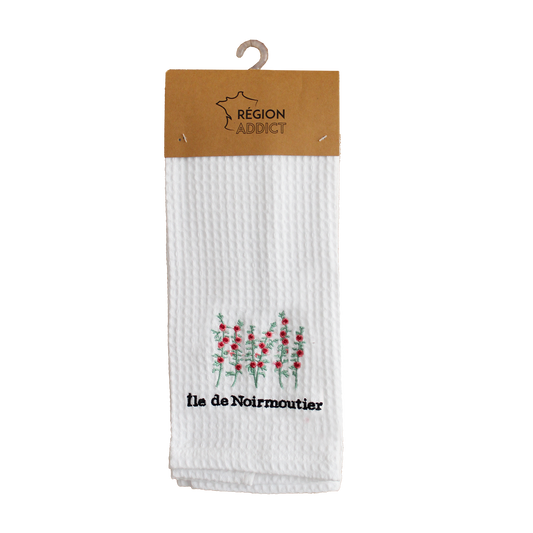 TORCHON NID D'ABEILLE ROSE TREMIERES NOIRMOUTIER BLANC