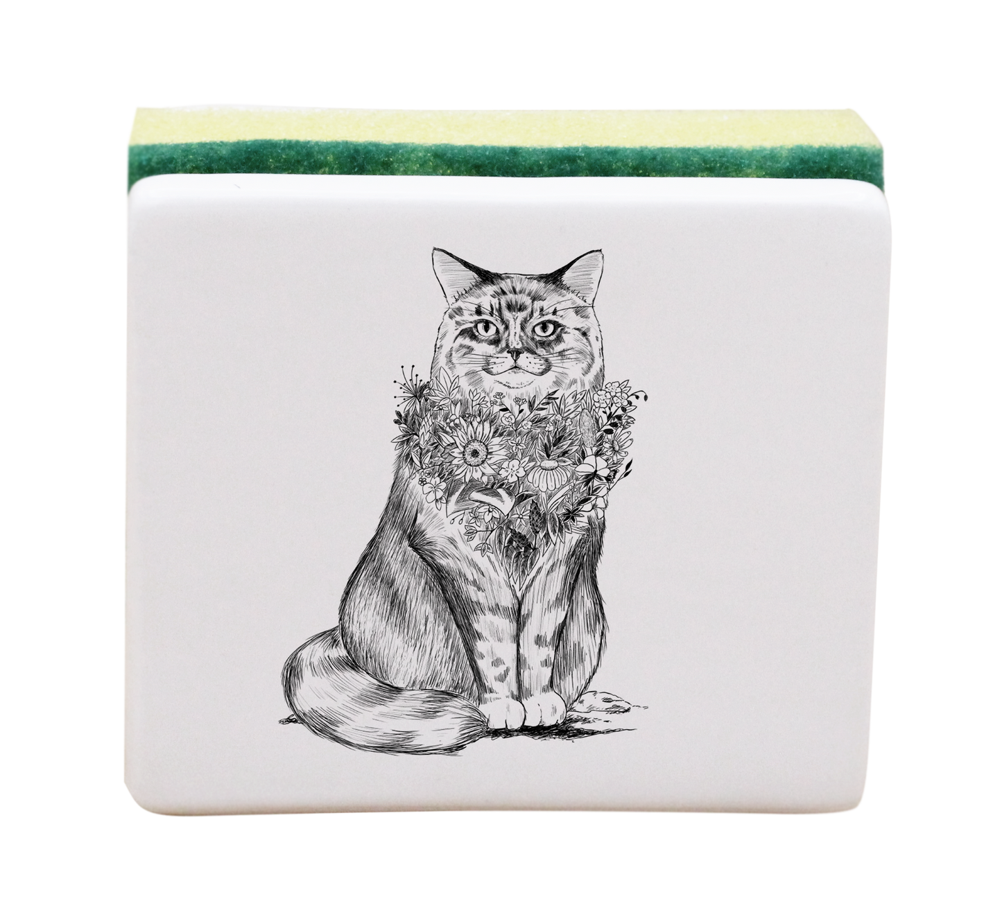 PORTE EPONGE BLANC - CHAT DE VILLE NOIR AVEC COLLIER DE FLEURS