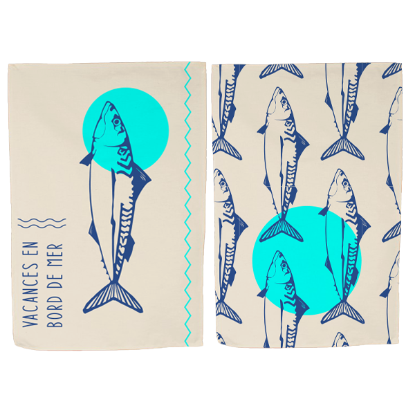 TORCHON SAKANA BLEU SUR FOND CRÈME