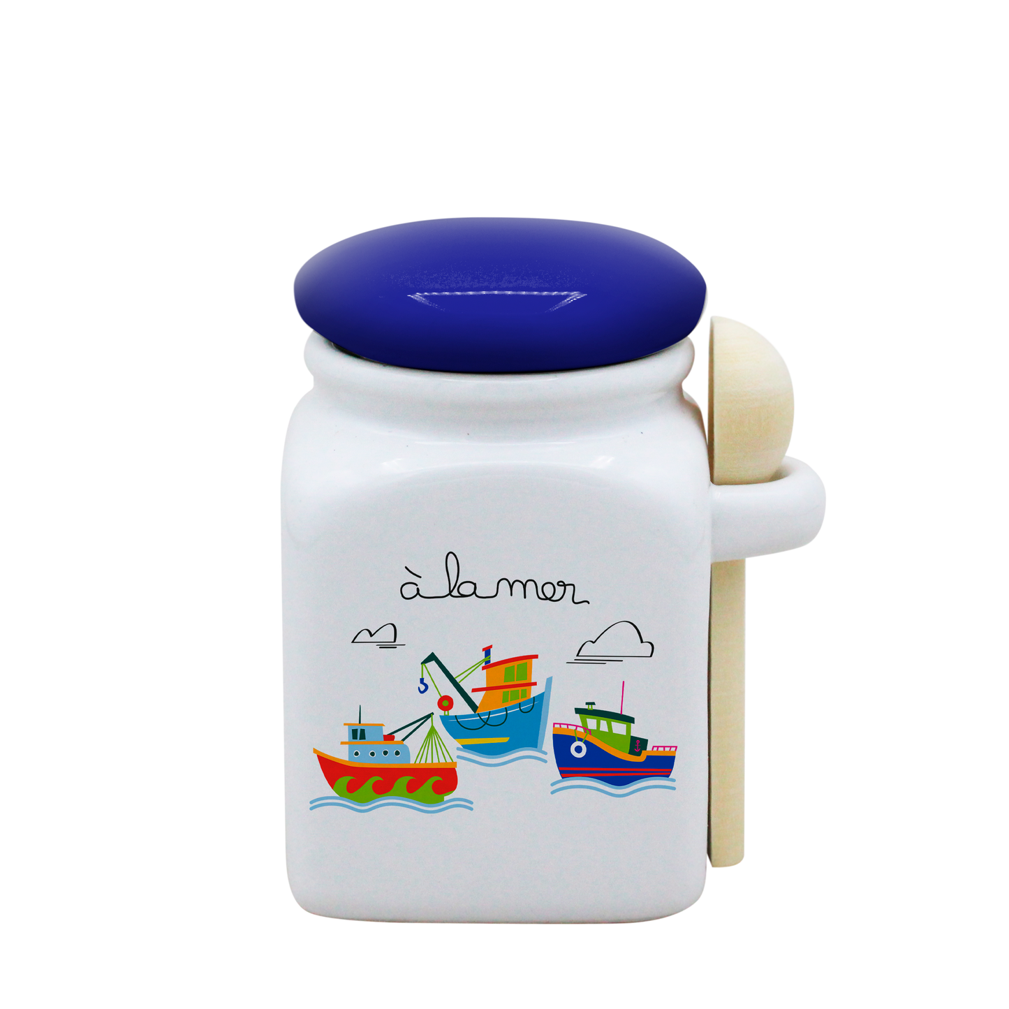 POT BLANC PM COUV. BLEU+CUIL. BOIS-A LA MER BATEAUX