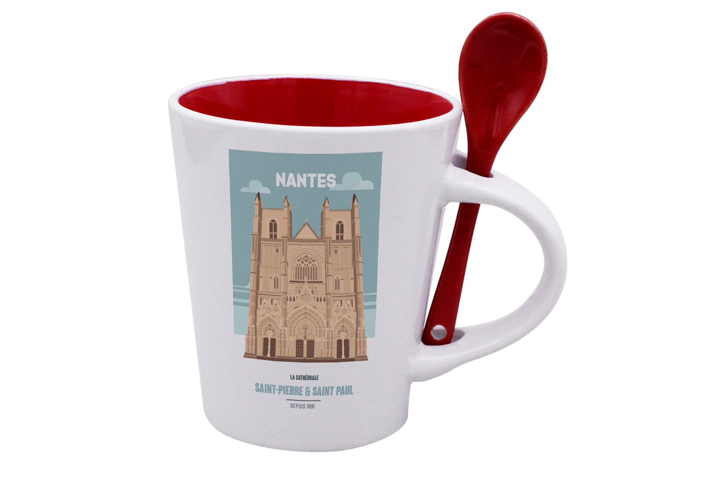 MUG CUILLERE BLANC INT. ROUGE-NTECATHE