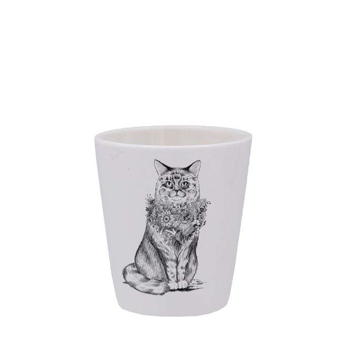 TASSE ESPRESSO BLANCHE S/ANSE - CHAT DE VILLE NOIR AVEC COLLIER DE FLEURS