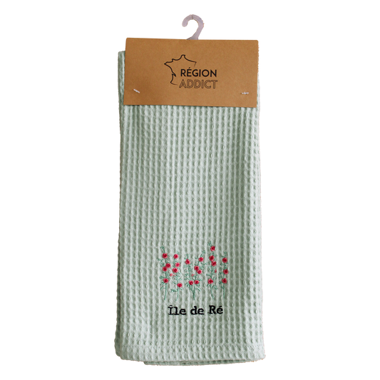 TORCHON NID D'ABEILLE ROSE TREMIERES RE VERT