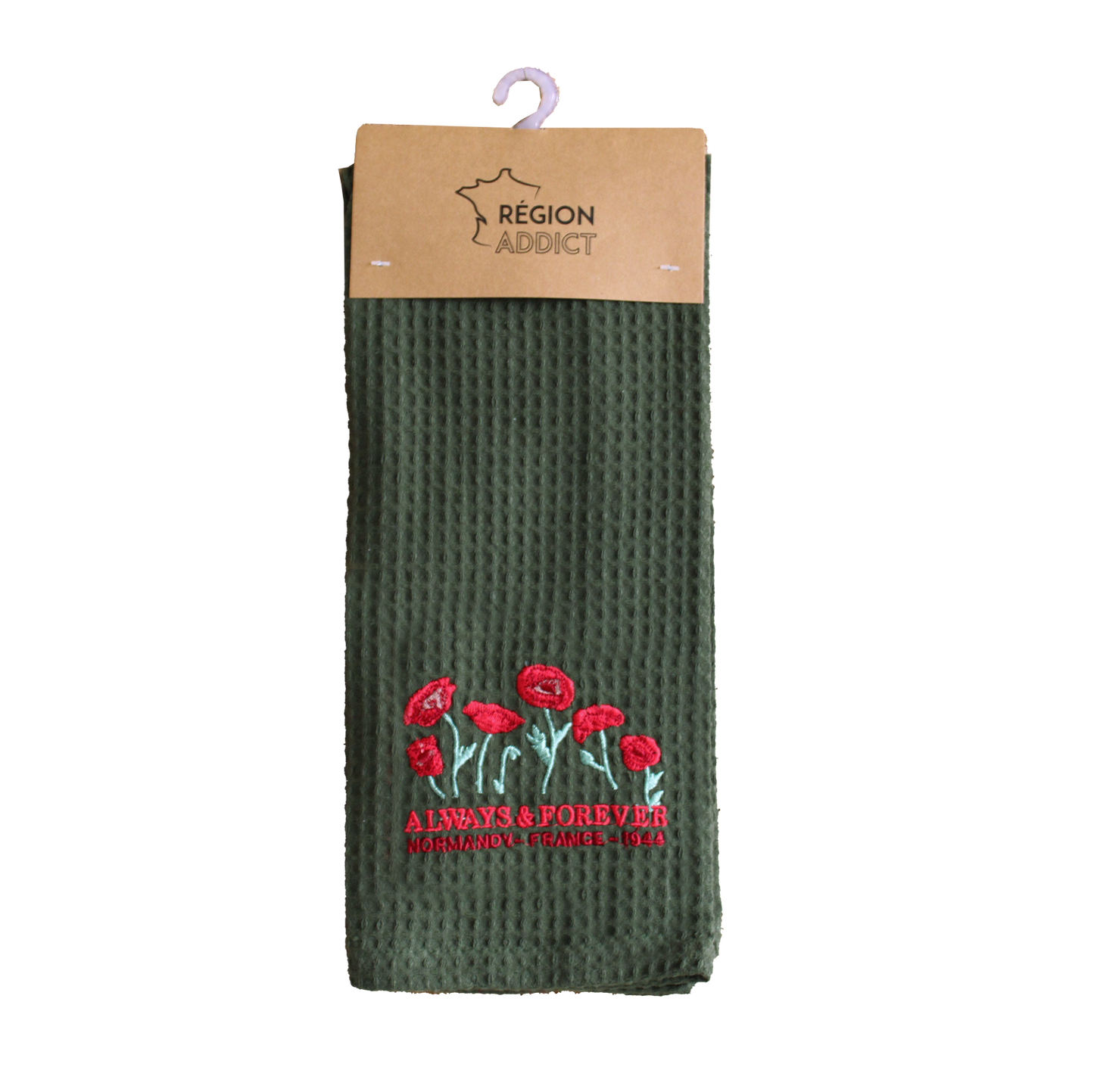 TORCHON NID D'ABEILLE COQUELICOTS KAKI