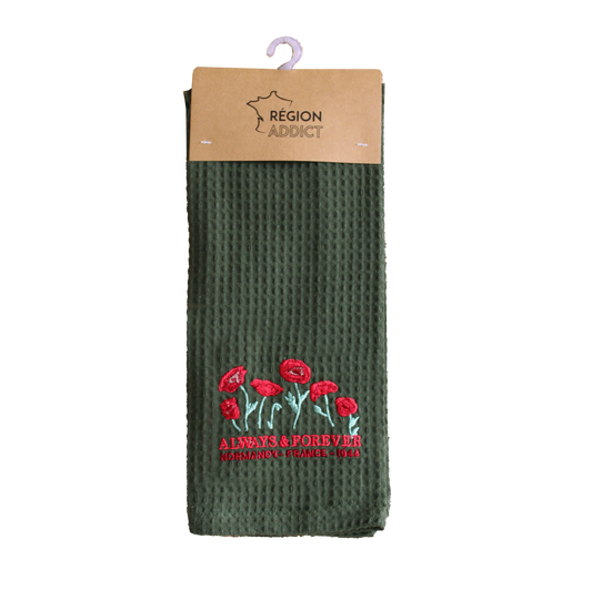 TORCHON NID D'ABEILLE COQUELICOTS KAKI