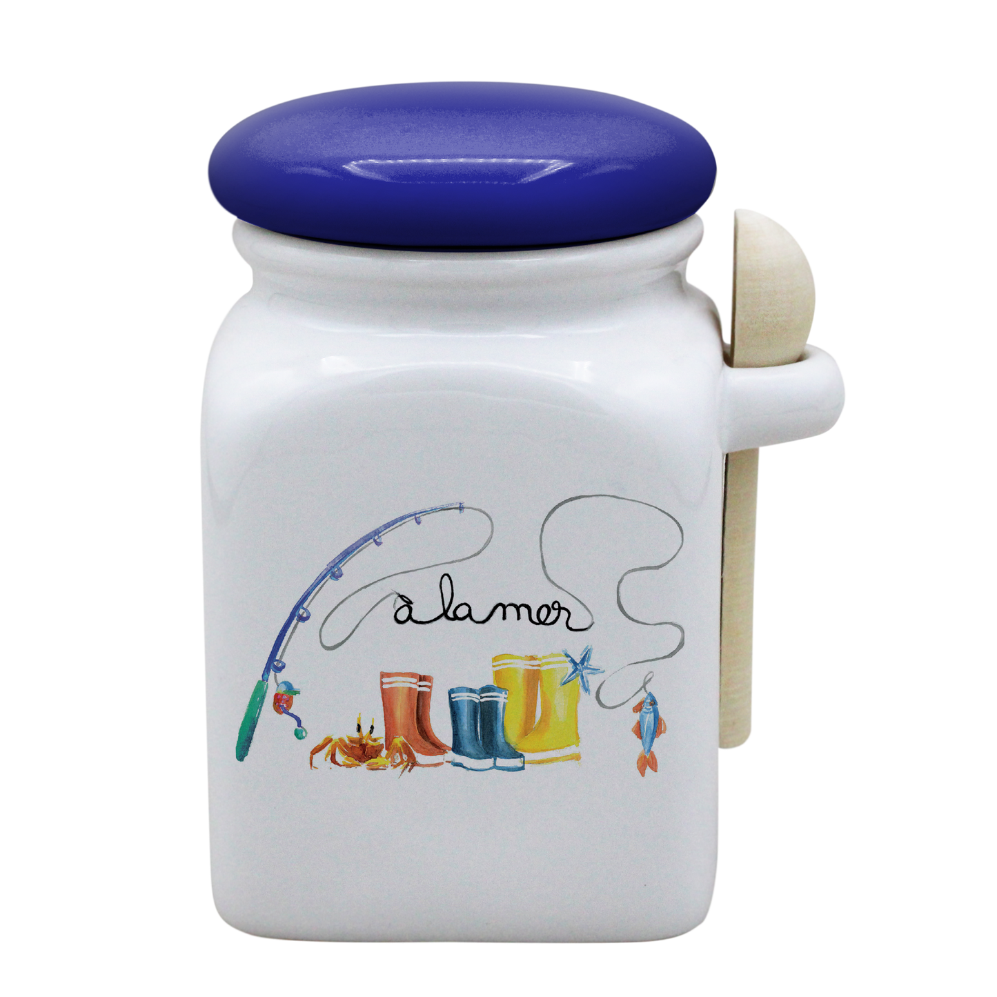 POT BLANC MM COUV. BLEU +CUIL. BOIS-BOTTE A LA MER