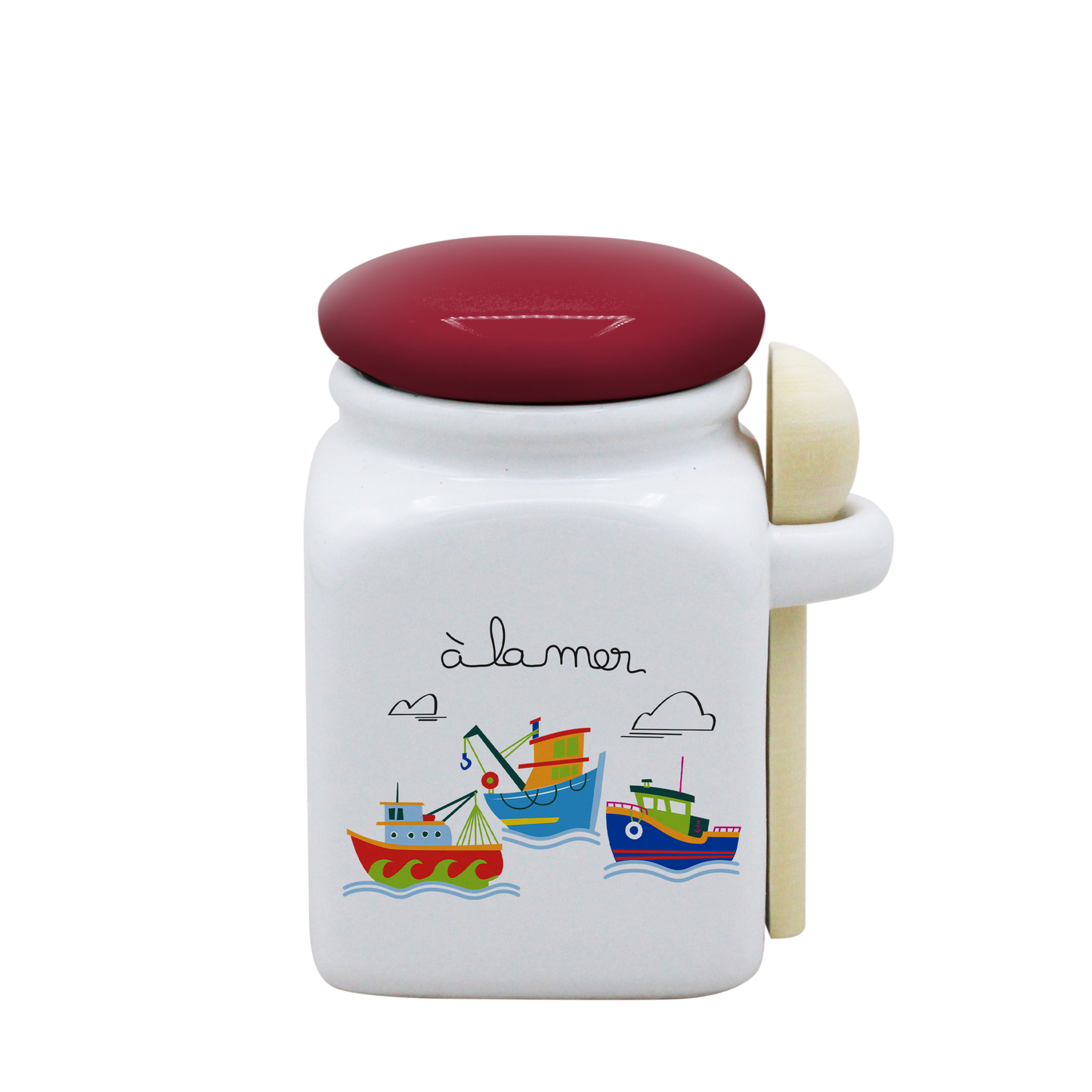 POT BLANC PM COUV. ROUGE+CUIL. BOIS-A LA MER BATEAUX
