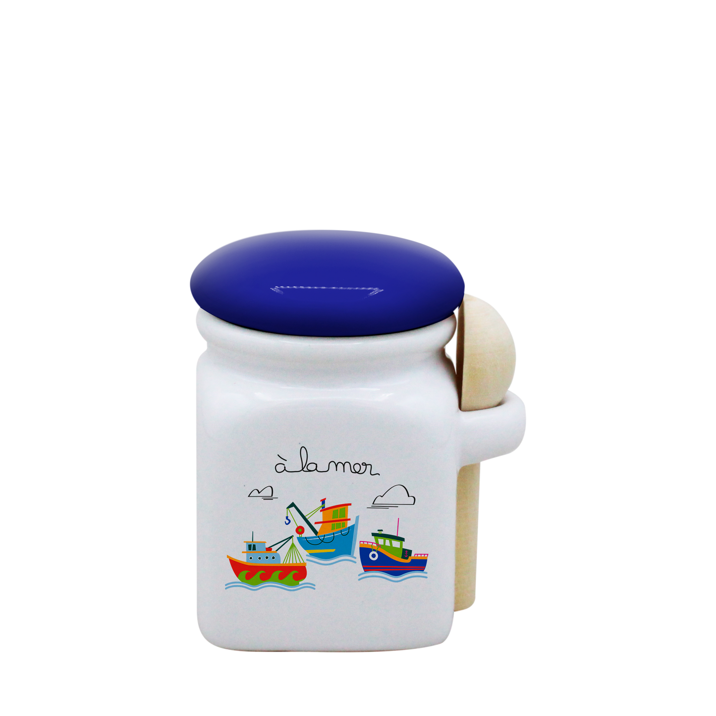 POT BLANC MINI COUV. BLEU+CUIL. BOIS-A LA MER BATEAUX