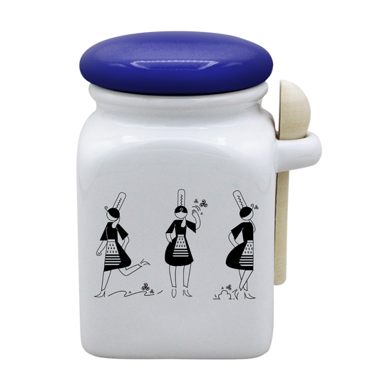 POT BLANC MM COUV. BLEU +CUIL. BOIS - ARMELLE BIGOUDENE 3 PICTOS