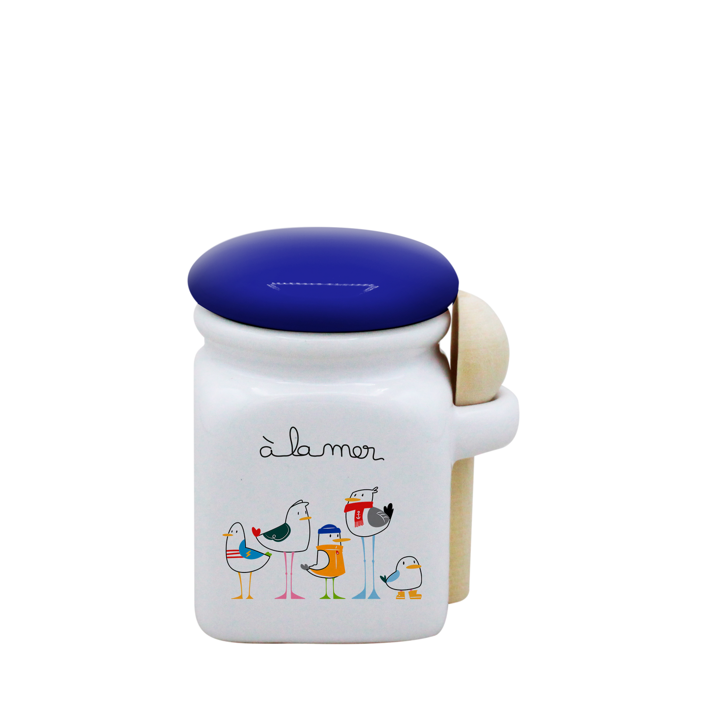 POT BLANC MINI COUV. BLEU+CUIL. BOIS-A LA MER MOUETTES