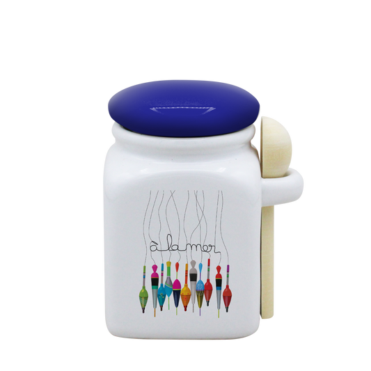 POT BLANC PM COUV. BLEU+CUIL. BOIS - A LA MER RETRO