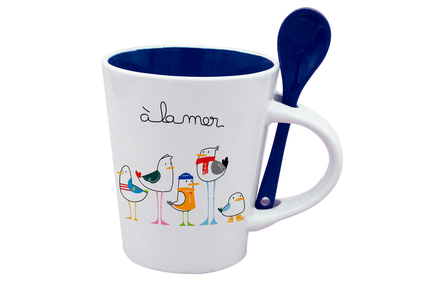MUG CUILLERE BLANC INT. BLEU-A LA MER MOUETTES