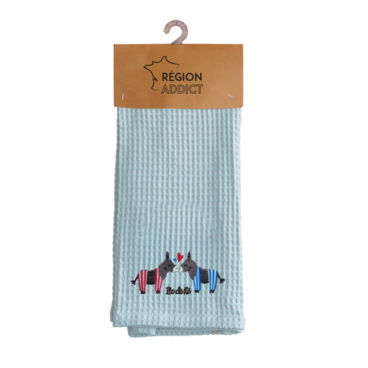 TORCHON NID D'ABEILLE BISOUS ANE ILE DE RE bleu