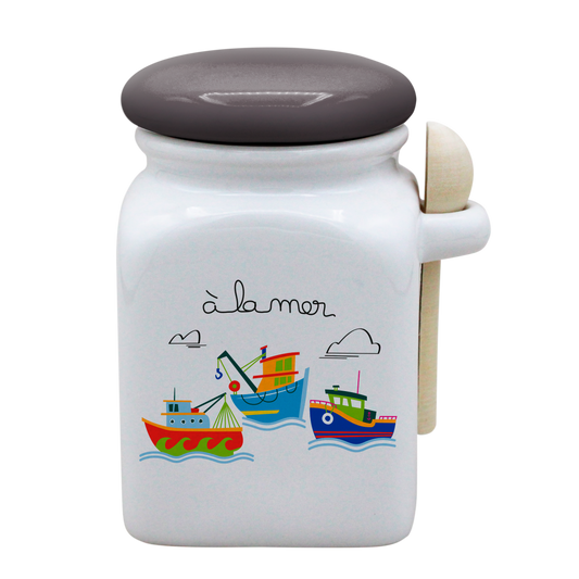 POT BLANC MM COUV. GRIS +CUIL. BOIS-A LA MER BATEAUX