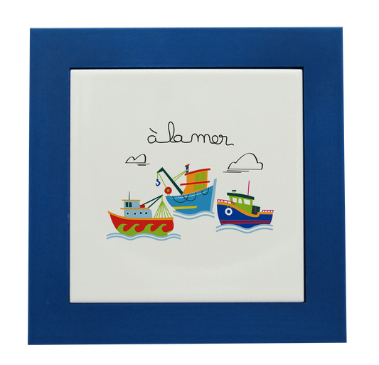 ENTOURAGE BOIS CYAN-CARREAU FAIENCE 15x15 NU-A LA MER BATEAUX