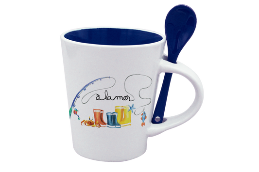 MUG CUILLERE BLANC INT. BLEU-BOTTE A LA MER