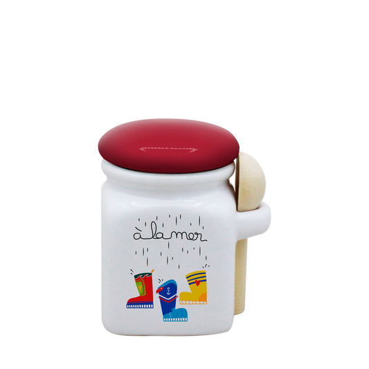 POT BLANC MINI COUV. ROUGE+CUIL. BOIS -A LA MER BOTTES