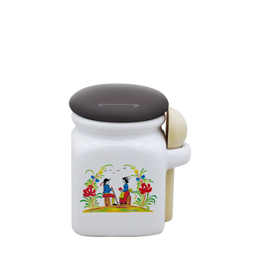 POT BLANC MINI COUV. GRIS+CUIL. BOIS-RETRO