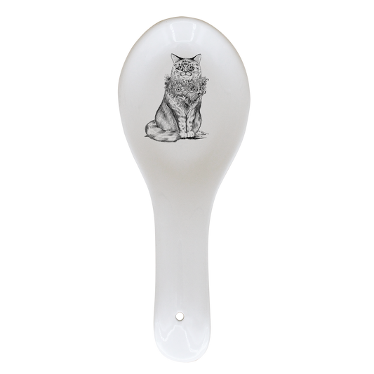 REPOSE CUILLERE BLANC - CHAT DE VILLE NOIR AVEC COLLIER DE FLEURS