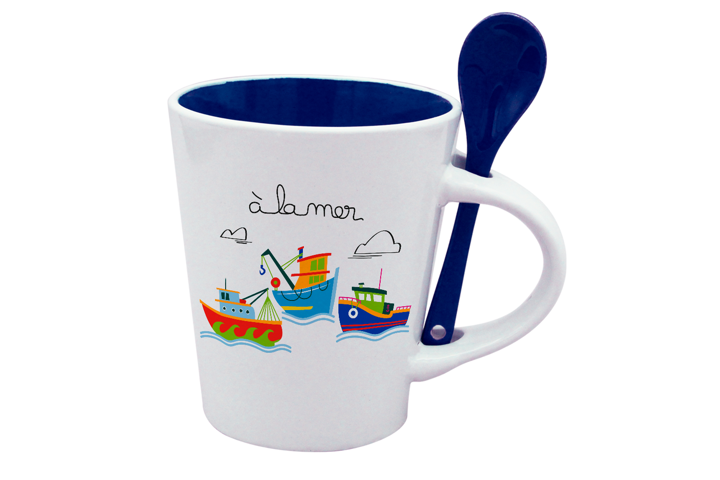 MUG CUILLERE BLANC INT. BLEU-A LA MER BATEAUX