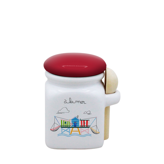 POT BLANC MINI COUV. ROUGE+CUIL. BOIS -A LA MER CARRELET
