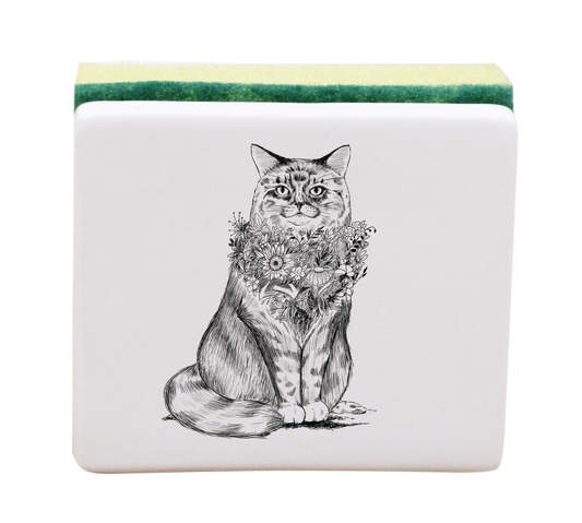 PORTE EPONGE BLANC - CHAT DE VILLE NOIR AVEC COLLIER DE FLEURS